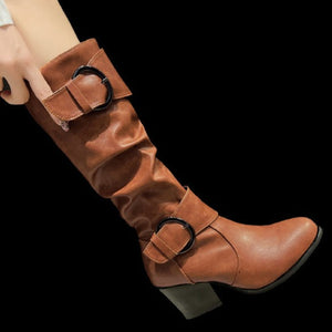 Women knee high boots vintage buckle strap slip on chunky heel boots round toe