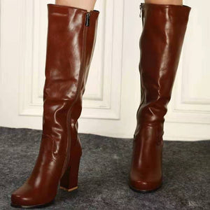 Women knee high chunky heel side zipper brown boots