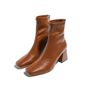 Women short chunky heel back zipper square toed boots