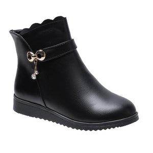 Women fashion rhinestone pendant slip on black ankle boots