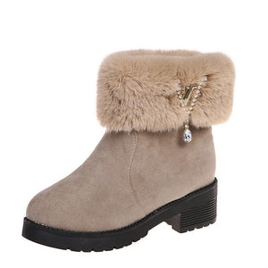 Women chunky heel rhinestone pendant faux fur short snow boots