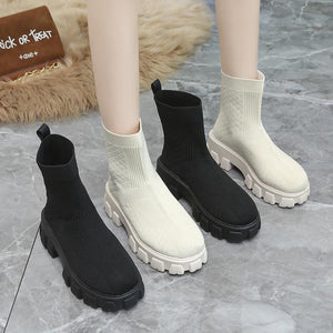 Women winter fall chunky heel platform fashion sock booties