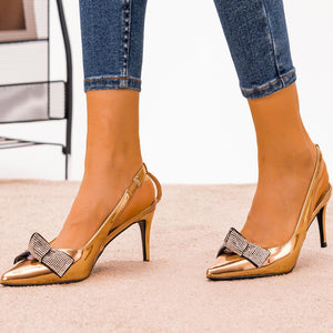 Women rhinestone bow pointed toe slingback mirror stiletto heels