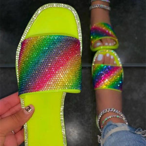 Women rainbow sparkly rhinestone strap square toe flat slide sandals