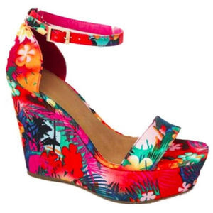 Women flowers printed buckle ankle strap peep toe wedge sandals