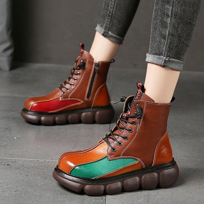 Women color block lace up short chunky platform boots