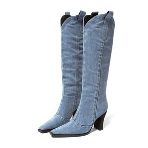Women square toed chunky high heel denim knee high boots