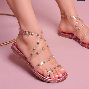 Women peep toe flat studded ankle strap clear sandals