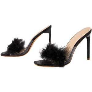 Women square peep toe faux fur slide stiletto heels