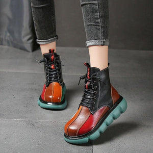 Women color block lace up short chunky platform boots