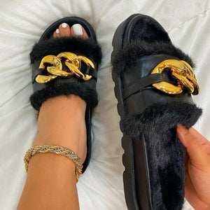 Women's platform open toe indoor slippers with metal chain