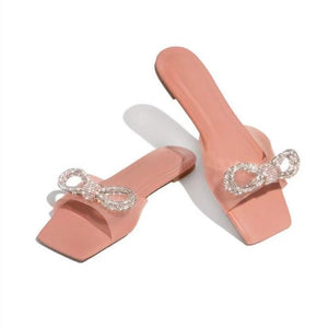 Women rhinestone bowknot square peep toe slide flat sandals