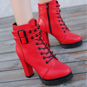 Women platform lace up buckle strap chunky heeled booties