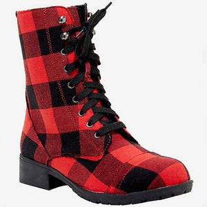 Women plaid red black chunky heel lace up mid calf boots