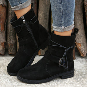 Women ankle lace side zipper buckle strap chunky low heel short boots