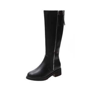 Women knee high chunky heel platform side zipper black boots