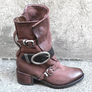 Women motorcycle chunky heel buckle strap mid calf boots