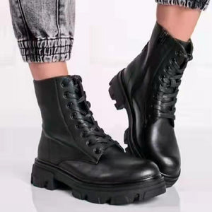 Women solid color lace up side zipper chunky platform boots
