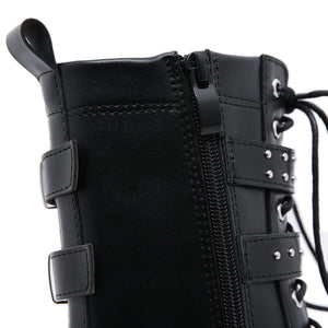 Women motorcycle studded lace up buckle strap black platform boots