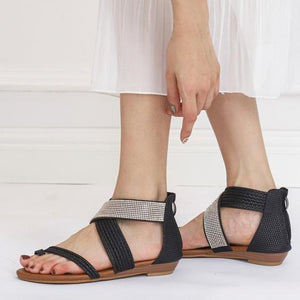 Women criss cross strap back 
zipper flat rhinestone sandals