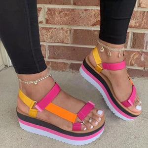 Women chunky colorful ankle strap magic tape platform sandals