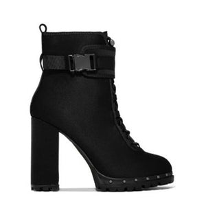 Women studded chunky high heel buckle strap ankle boots