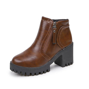 Women chunky heel platform side zipper ankle boots
