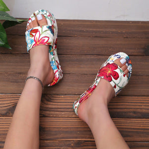 Women color block flower peep toe slide platform sandals