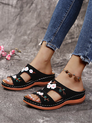 Women embroidered flower peep toe hollow slide wedge slides summer slippers
