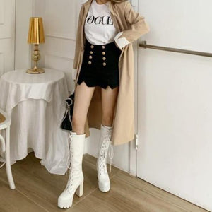 Women knee high chunky heel platform lace up boots