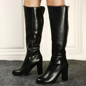 Women knee high side zipper chunky heel black boots