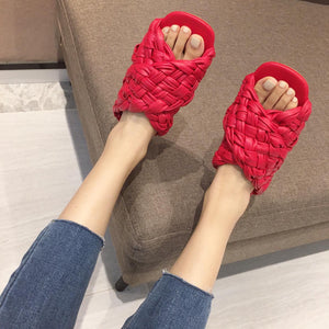 Women peep toe flat criss cross woven strap slide sandals