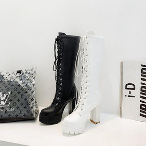 Women knee high chunky heel platform lace up boots