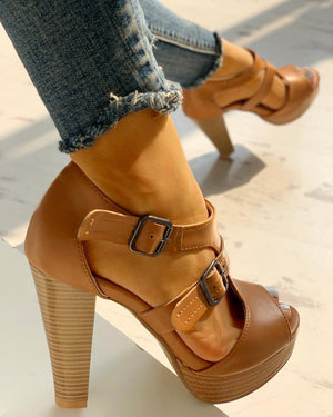Women peep toe platform buckle strap hollow chunky brown heels