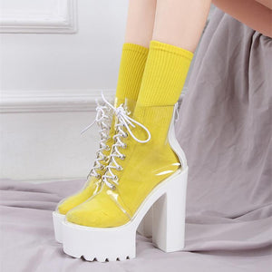 Women transparent lace up block high heel platform boots