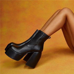 Women platform chunky high heel slip on short black boots