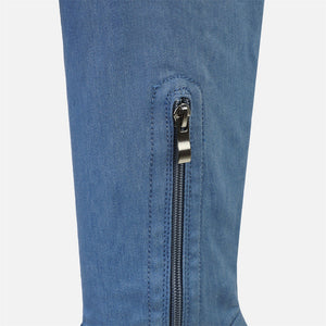 Women thigh high boots denim side zipper chunky heel platform boots square toed