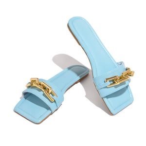 Women square peep toe chain decor flat slide sandals
