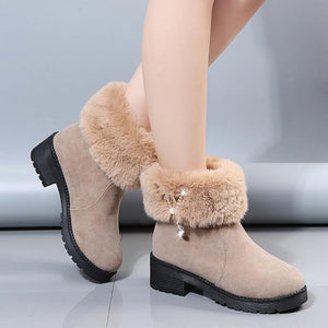 Women chunky heel rhinestone pendant faux fur short snow boots