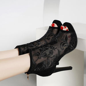 Women embroidered flower sexy peep toe stiletto high heel boots