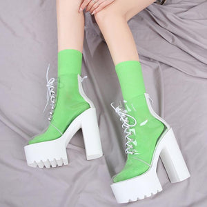 Women transparent lace up block high heel platform boots