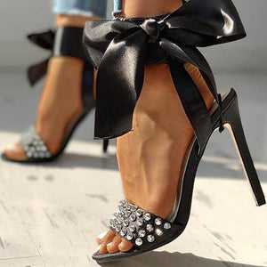 Women  lace up bowknot studded peep toe slingback hollow stiletto black heels