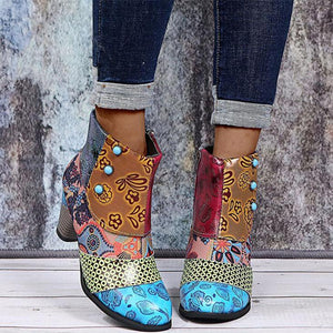 Women retro flowers printed side zipper chunky high heeled booties