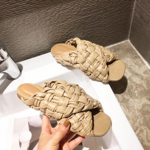 Women peep toe flat criss cross woven strap slide sandals