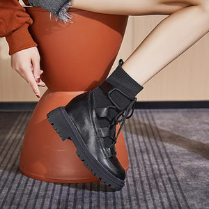 Women knit chunky heel platform lace up black short motorcycle boots