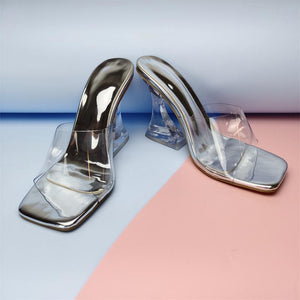 Women square toe clear strap slide chunky high heels