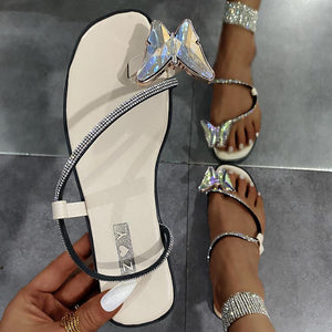 Women butterfly ring toe rhinestone strap slide flat sandals