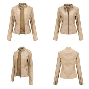 Women motorcycle standing collar long sleeve cropped coat & jacket