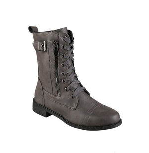 Women chunky heel buckle strap side zipper short lace up boots