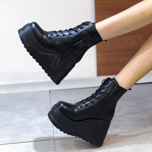 Women black lace up short pocket buckle strap chunky platform boots